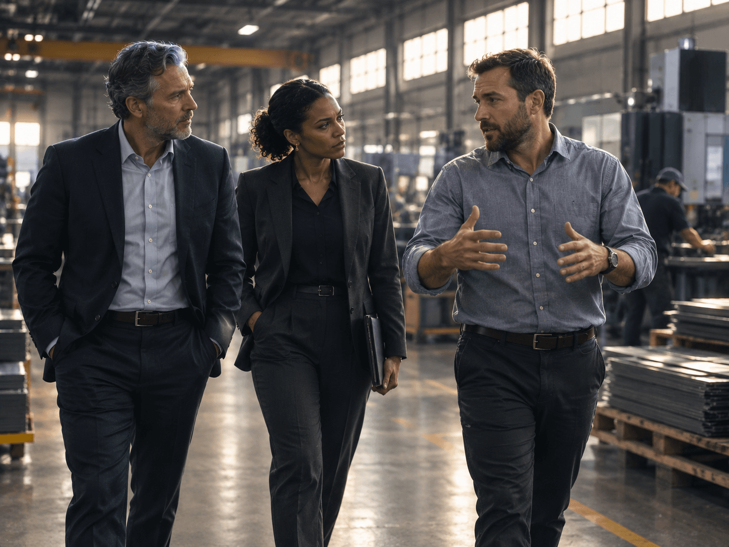 Colleagues walking a production floor with an operator