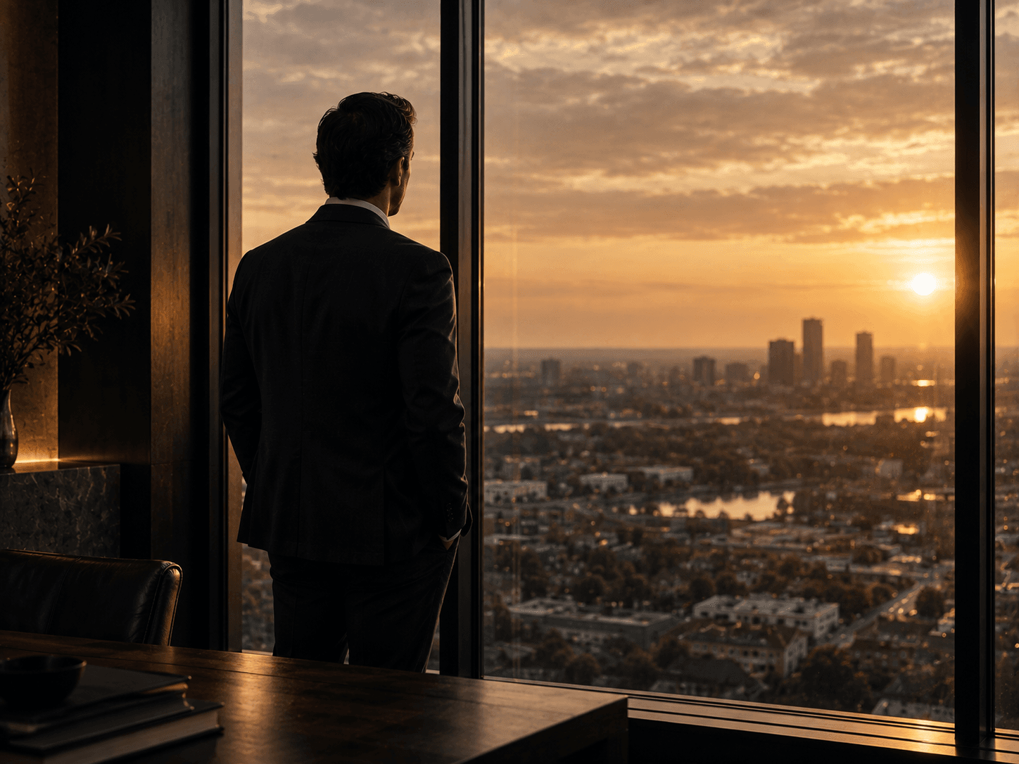 A figure looking out over a city at golden hour